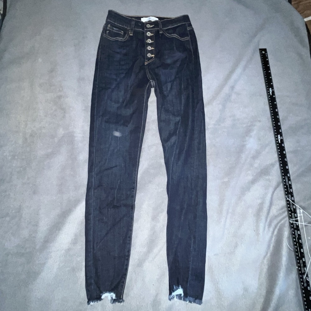 Kancan Dark Wash Mid Rise Skinny Denim Jeans Size 5/26 Frayed Raw Hem